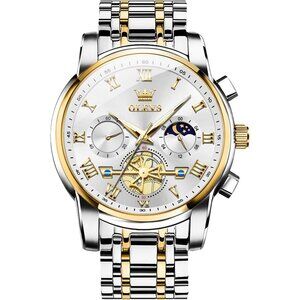 Olevs Men's Gold Silver Band and White Minimal Waterproof Stainless Steel Watch